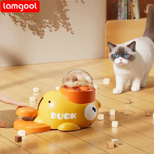 Yellow Interactive Treat Dispenser Toy for Dogs with a cat sitting on a wooden floor, featuring the brand 'lamgool'.