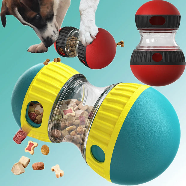 Interactive Treat Dispensing Dog toy and red ball on a teal background