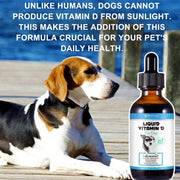 Liquid Vitamin D for Dogs Bone and Immune Support bottle with dog lying down beside, on a  packaging benefit background