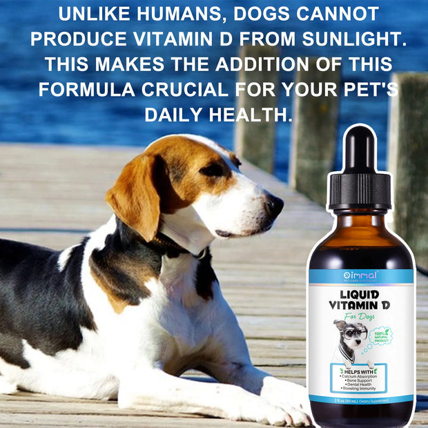 Liquid Vitamin D for Dogs Bone and Immune Support bottle with dog lying down beside, on a  packaging benefit background