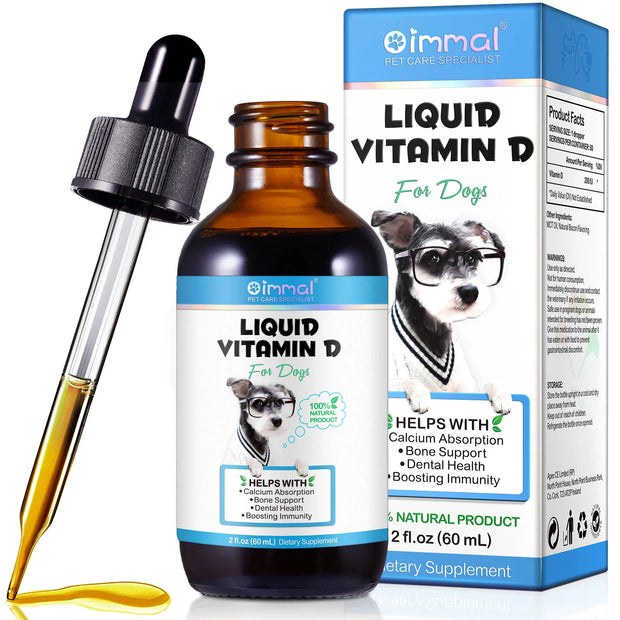 Liquid Vitamin D for Dogs Bone and Immune Support dropper bottle and packaging on a white background