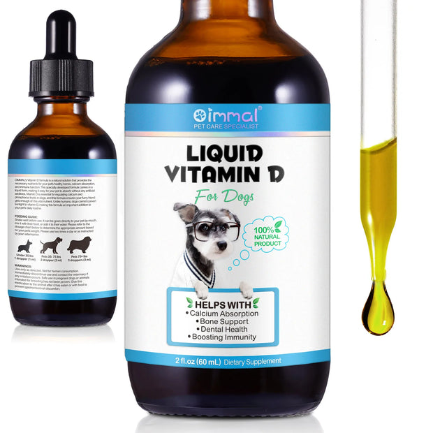 Liquid Vitamin D for Dogs Bone and Immune Support bottle dropper on a white background