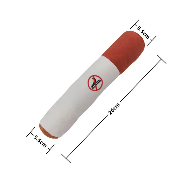 Measurement chart Cigar Dog Toy of a cylindrical object with red and white colors on a white background