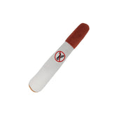 Measurement chart Cigar Dog Toy of a white and brown object with a no-smoking symbol, showing dimensions on a white background.