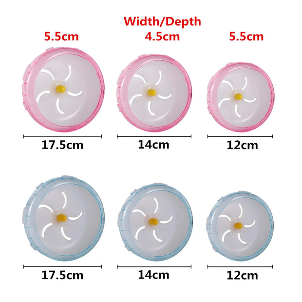 Measurement chart of pink and blue circular Hamster Exercise Wheel with dimensions labeled.