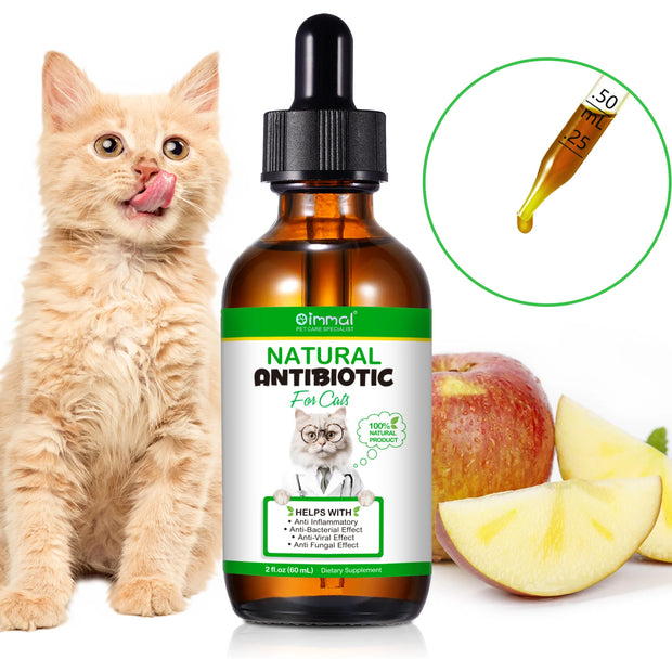 Natural Antibiotics For Cats Allergy And Itch Relief Bottle with a cat and apples in the white background