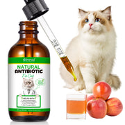Natural Antibiotics For Cats Allergy And Itch Relief dropper bottle and white cat near cranberries on a white background