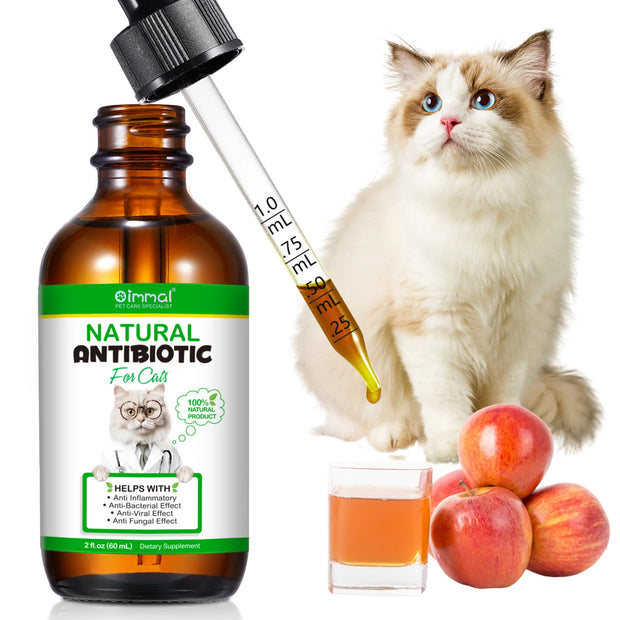 Natural Antibiotics For Cats Allergy And Itch Relief dropper bottle and white cat near cranberries on a white background