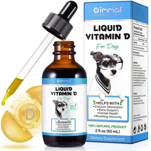 Liquid Vitamin D for Dogs Bone and Immune Support supplement for dogs with bottle, dropper, and packaging on a white background