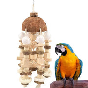 Natural Bird Cage Toy made of wood and coconut shell with a parrot on a white background