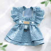 Blue Cute Pet Overalls Dress Denim and Plaid Style with ruffles on a white background