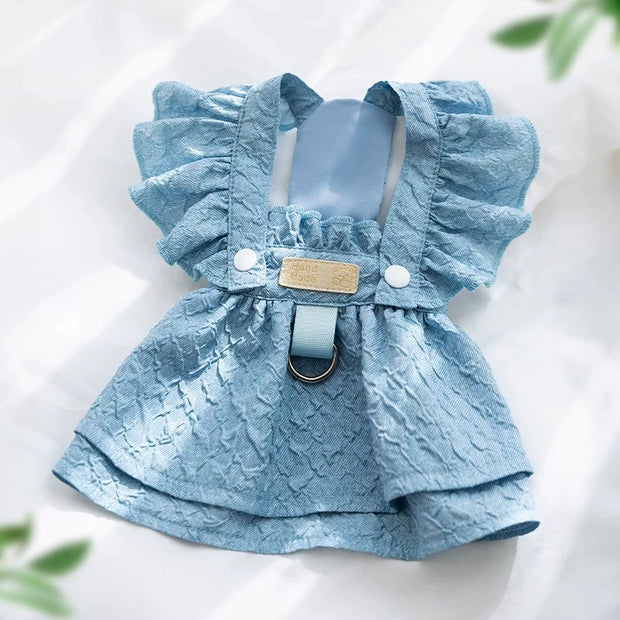 Blue Cute Pet Overalls Dress Denim and Plaid Style with ruffles on a white background