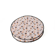 Round Interactive Cat Toy with Smart Obstacle Avoidance bed with black and orange pattern on a white background