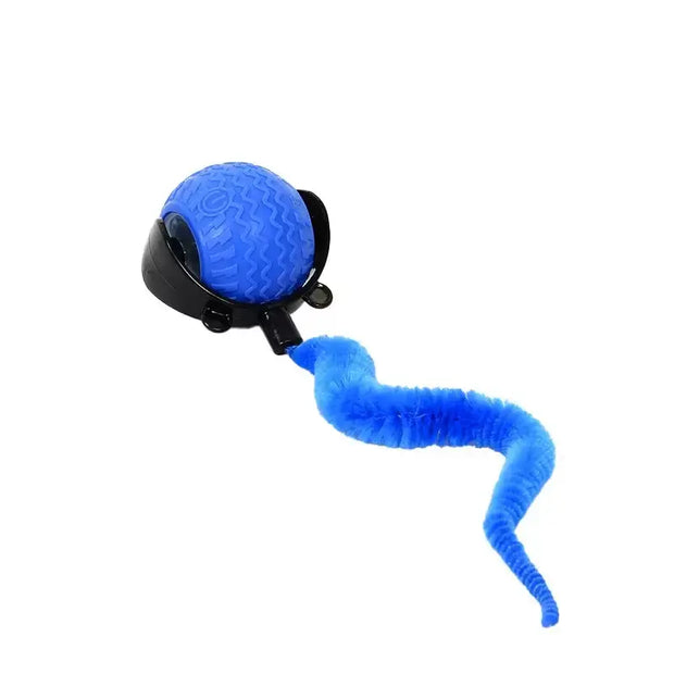 Blue textured Interactive Cat Toy with Smart Obstacle Avoidance with a flexible blue snake-like extension on a white background