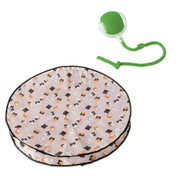 Round Interactive Cat Toy with Smart Obstacle Avoidance mat with Halloween-themed design and a green leash on a white background