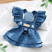 Blue Cute Pet Overalls Dress Denim and Plaid Style s with ruffled straps on a white background