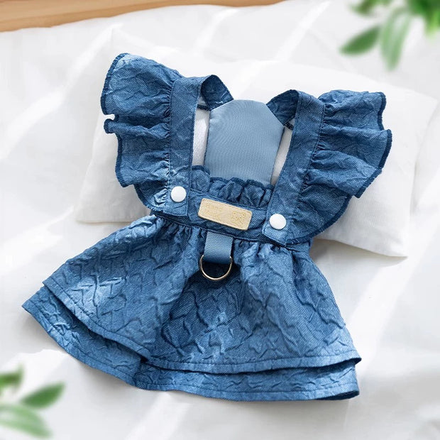 Blue Cute Pet Overalls Dress Denim and Plaid Style s with ruffled straps on a white background