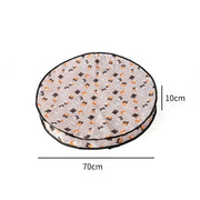 Round Interactive Cat Toy with Smart Obstacle Avoidance bed with Halloween-themed design and measurements on a white background