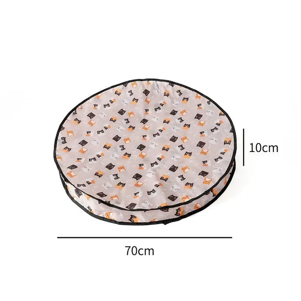 Round Interactive Cat Toy with Smart Obstacle Avoidance bed with Halloween-themed design and measurements on a white background
