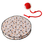 Round Interactive Cat Toy with Smart Obstacle Avoidance mat with cat pattern and red toy on a white background