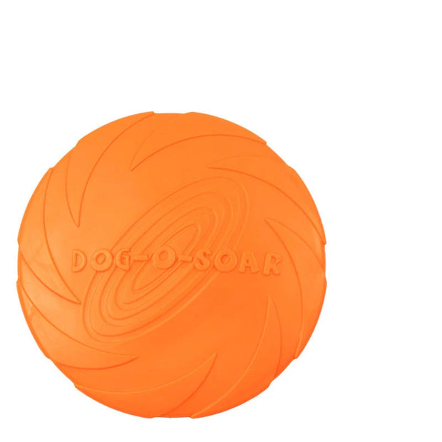 Orange Durable Dog Frisbee Toy  with 'Dog-O-Soar' branding on a white background