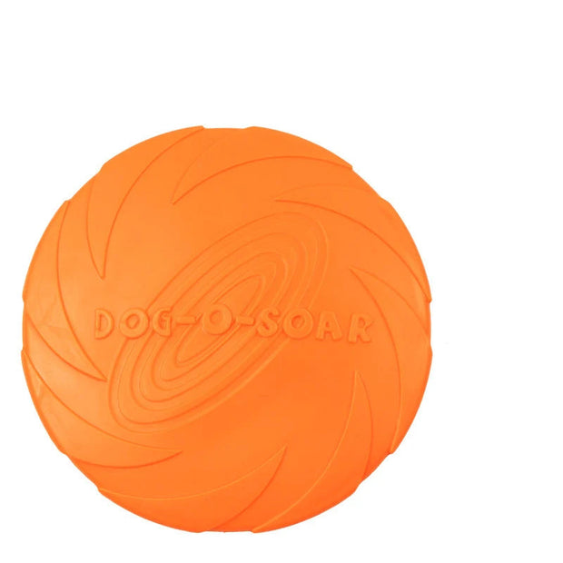 Orange Durable Dog Frisbee Toy  with 'DOG-O-SOAR' branding and measurement label on a white background