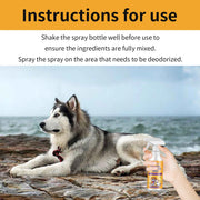 Dog lying on a beach with a Yegibong Pet Fabric Deodorizer Spray 120ml and instructions for use displayed.