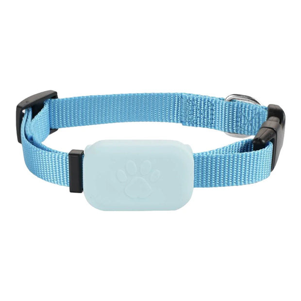 Blue Pet GPS Tracker with Adjustable Collar Smart Locator with a light blue rectangular tag on a white background