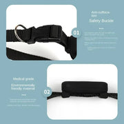 Pet GPS Tracker with Adjustable Collar Smart Locator Black with safety buckle and text on a light blue background