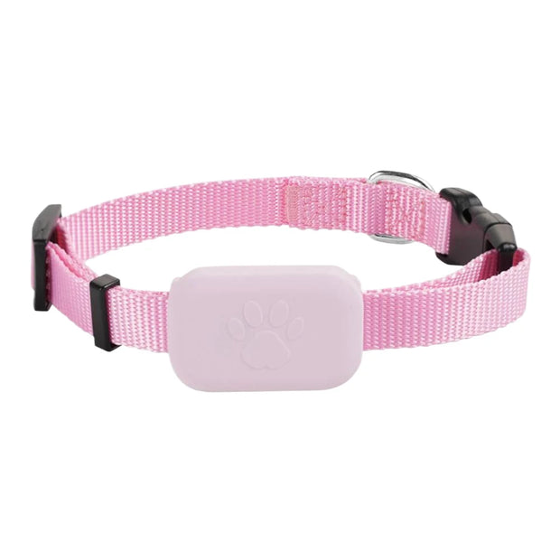 Pink Pet GPS Tracker with Adjustable Collar Smart Locator with a purple plastic tag on a white background
