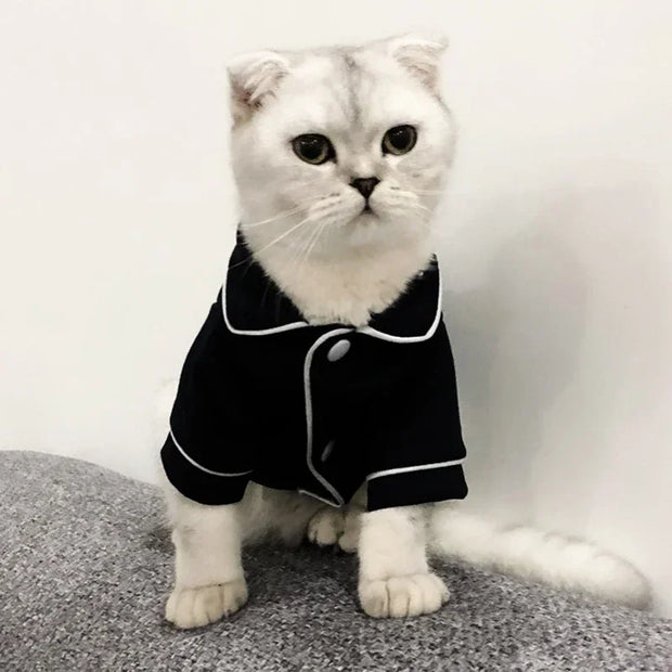 Cat wearing a black Pet Pajamas Suit  with white trim on a gray surface.