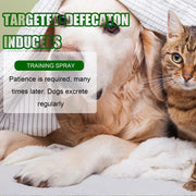 Dog and cat lying together with text about Yegibong Pet Potty Training Spray 30ml for defecation inducers.