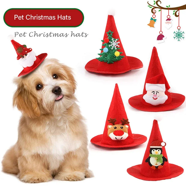 Dog wearing a red Pet Santa Hat Christmas Costume for Dogs And Cats displayed on a white background.