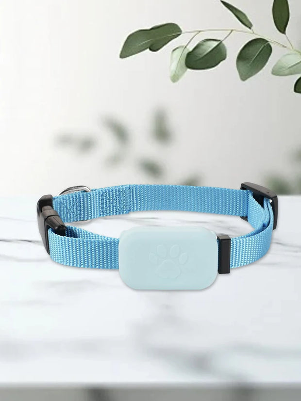 Blue Pet GPS Tracker with Adjustable Collar Smart Locator black buckle on a white surface with green leaves in the background