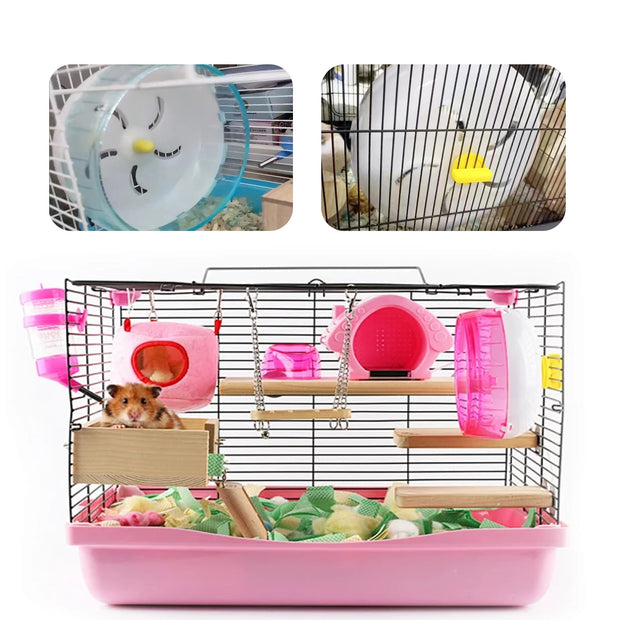 Pet cage with pink and green elements Hamster Exercise Wheel, and hammock, on a white background.
