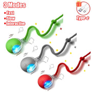 Rechargeable pet Toy Ball with Mode and Obstacle Avoidance with three modes (Fast, Slow, Interactive) and USB charging cable on a white background.