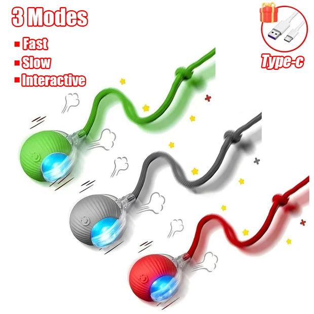 Rechargeable pet Toy Ball with Mode and Obstacle Avoidance with three modes (Fast, Slow, Interactive) and USB charging cable on a white background.