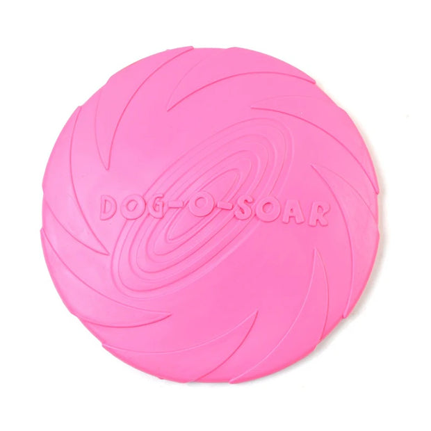 Pink Durable Dog Frisbee Toy with 'DOG-O-SOAR' branding on a white background