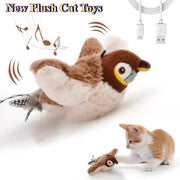 Plush Bird Cat Toy with USB cable, featuring a cat interacting with it on a white background.