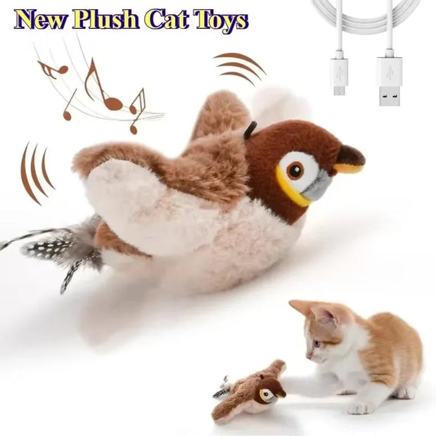 Plush Bird Cat Toy with USB cable, featuring a cat interacting with it on a white background.
