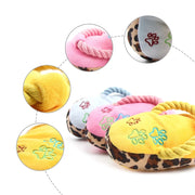 Plush Slipper Dog Toy with leopard print, pink, and yellow designs on a white background.