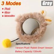 Plush Rechargeable pet Toy Ball with Mode and Obstacle Avoidance  with a gray ball inside, featuring three modes and specifications on a light background.