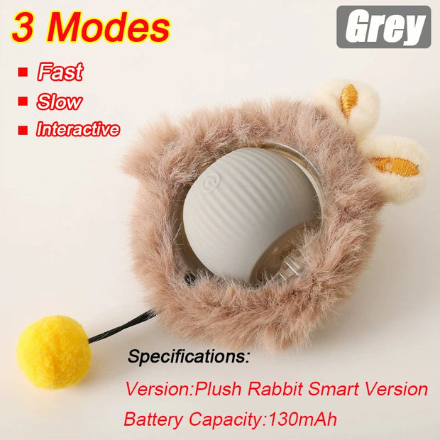 Plush Rechargeable pet Toy Ball with Mode and Obstacle Avoidance  with a gray ball inside, featuring three modes and specifications on a light background.