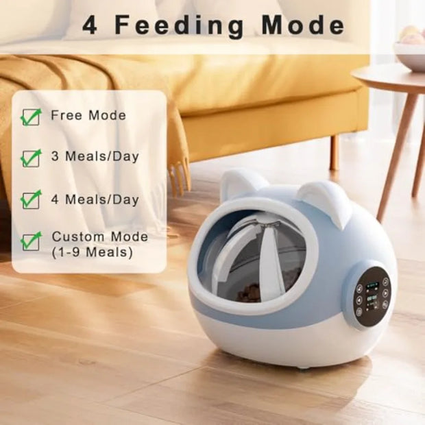 RFID Automatic Pet Feeder 700ml device with mode options on a wooden floor