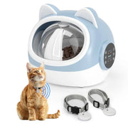 RFID Automatic Pet Feeder 700ml with a cat and a two gray collars on a white background