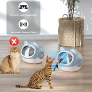 Two RFID Automatic Pet Feeder 700ml with a two pet on a wooden floor, with text indicating features like 'Prevent Food Competition' and 'Automatic Sensing Door