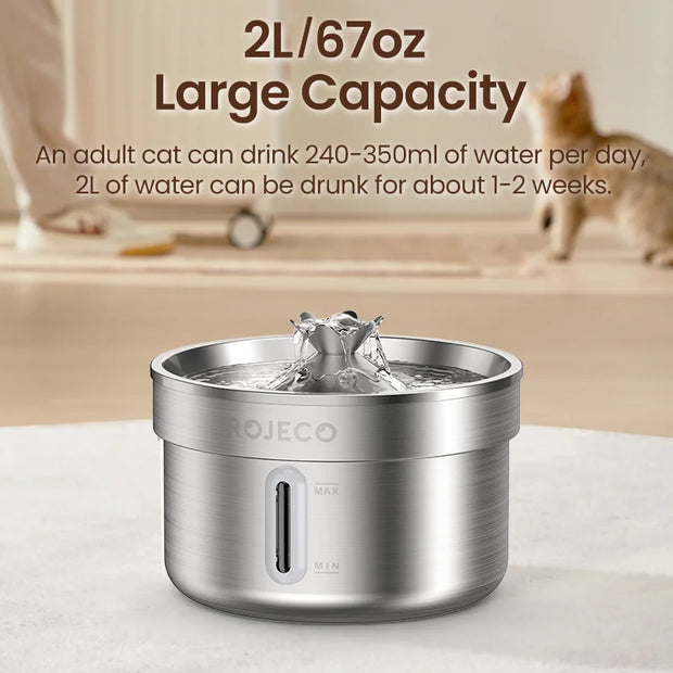 ROJECO 304 Stainless Steel Smart Pet Water Fountain with text about capacity and usage, blurred background of a cat.