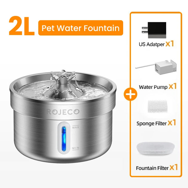 ROJECO 304 Stainless Steel Smart Pet Water Fountain with US adapter, water pump, sponge filter, and fountain filter on a white background
