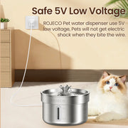 ROJECO 304 Stainless Steel Smart Pet Water Fountain dispenser with a cat next to it, on a beige surface.