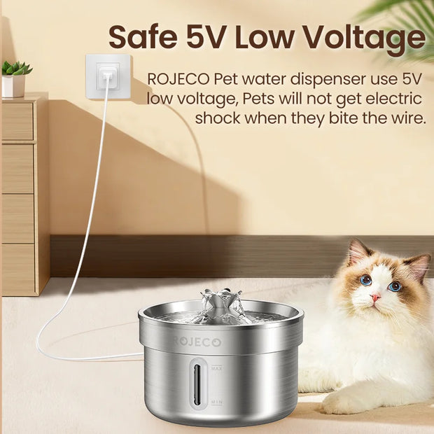 ROJECO 304 Stainless Steel Smart Pet Water Fountain dispenser with a cat next to it, on a beige surface.